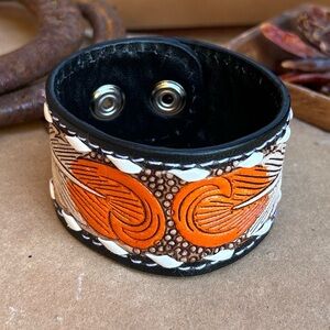 Genuine Leather Western Tooled Cuff Bracelet with Feather Design NWT